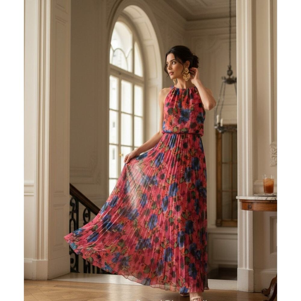 X by Xscape Dress Size 10 NWT Multicolor Floral Pleated Halter Gown Zip Closure